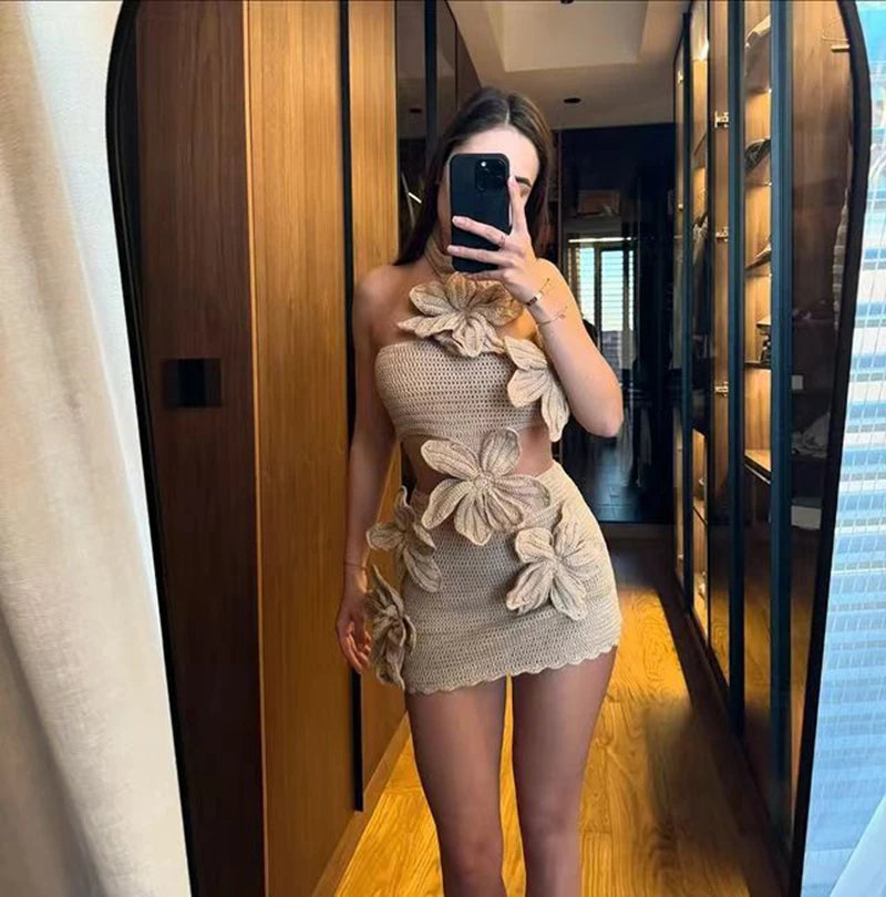STYLISH LADY Floral Appliques Dress 2025 Summer Women Halter Hollow Out Sexy Club Beach Holiday Mini Lace Vestidos De Festa