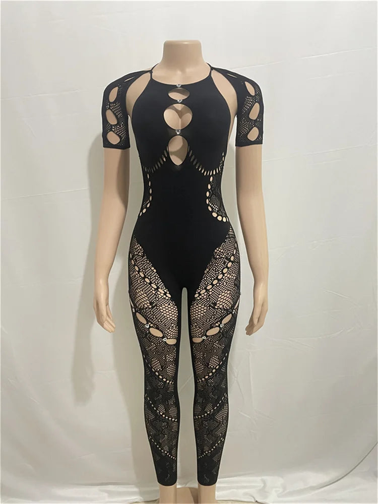 Weird Puss Rhinestone Embellished Women Jumpsuit Backless Halter Hollow Sheer Sexy Slim One Pieces Bodycon Hottie Party Clubwear