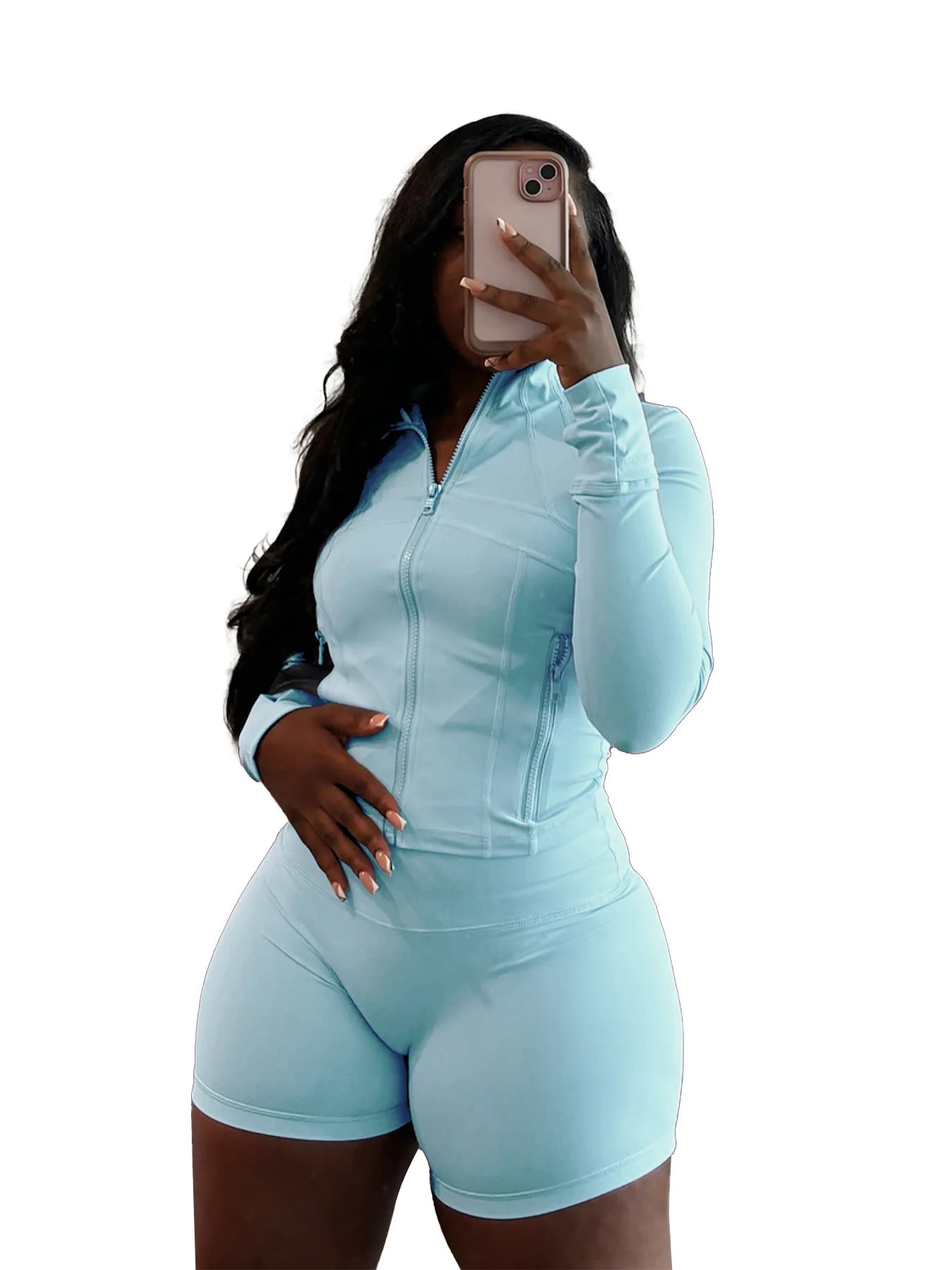 HLJ&GG Casual Sporty Skinny Shorts Two Piece Sets Women Zip Long Sleeve Slim Top + Shorts Outfits Summer New Stretchy Tracksuits