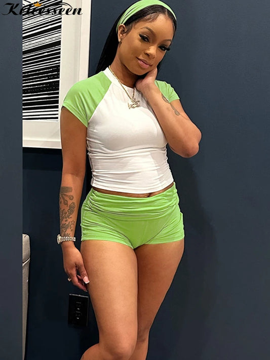 Kricesseen Color Block Crop Top And Matching Shorts Set 2 Piece Outfits Sporty Knitted Active Set Night Club Outfits