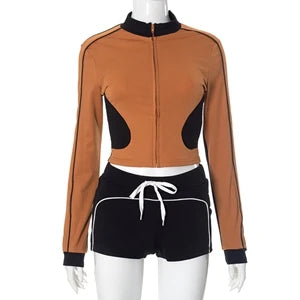 STYLISH LADY Contrast Color Sporty 2 Piece Set Women Long Sleeve Zipper Crop Top and Drawstring Short Suits 2025 Workout Outfits