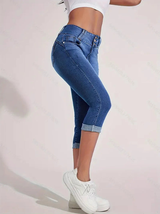 Ladies Jeans Plus-size tight capri pants High Waisted Rolled Hem Double Button Fly Trendy Casual Summer Essential