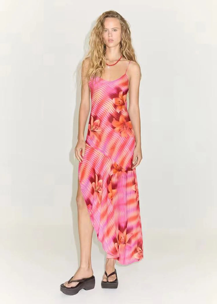 STYLISH LADY High Split Floral Printed Long Dress 2025 Summer Women Spaghetti Strap V Neck Backless Boho Beach Holiday Dresses