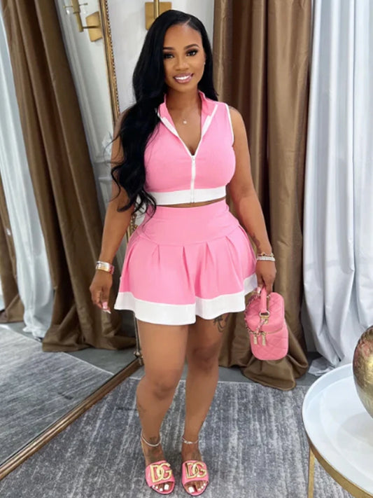 Kricesseen Women's Patchwork Zippers Crop Top And Ruched Skirt Set Two-Piece Sporty Tracksuits Set Night Club Outfits