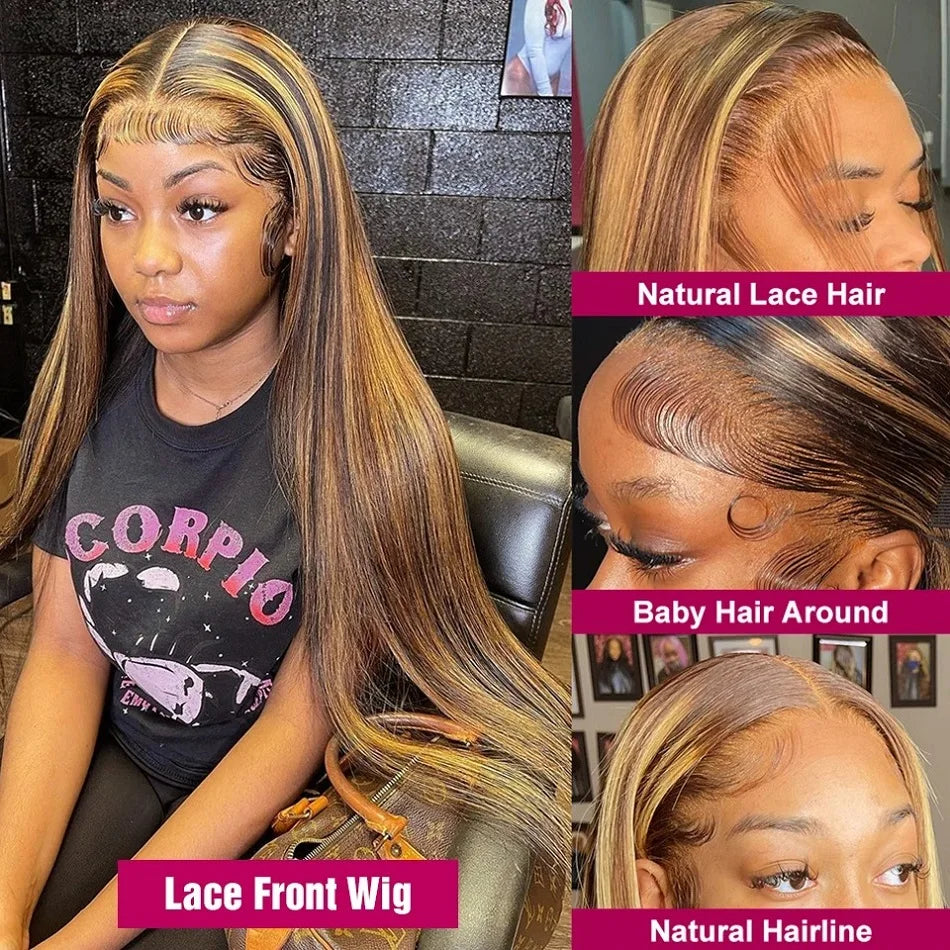 Hd 13x4 13x6 Highlight Straight Lace Front Human Hair Wig 360 Full Lace Wig PrePlucked Brazilian Blonde 4/27 Colored Frontal Wig