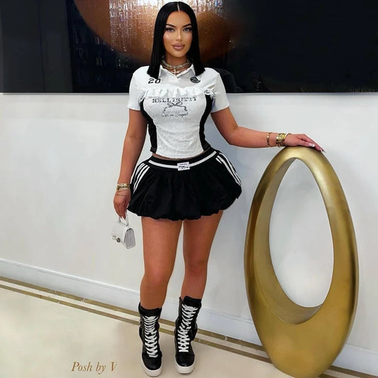 STYLISH LADY Lace Letter Printed 2 Piece Set Women Short Sleeve Crop Top and Mini Skirt Suits 2025 Summer Sexy Club Party Outfit