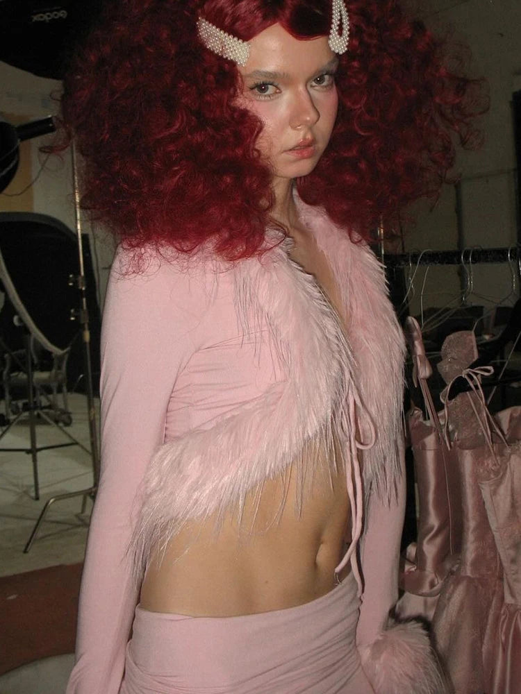 Weird Puss Feather Patchwork 2 Piece Set Women Bandages Bell sleeve Crop Top+Peach Hip Flare Pants Sexy Stretch Party Streetwear