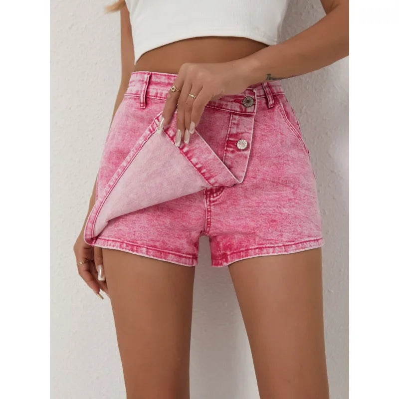 Ladies Shorts Casual Fashion Style High Waisted Pants with Asymmetrical Buttons 2025 New Pink Jeans
