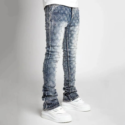 Blue Stretchy Pearls Skinny Jeans For Men 2024 New Fashion Fashion Rhinestone European Street Personality Stacked Denim Pants