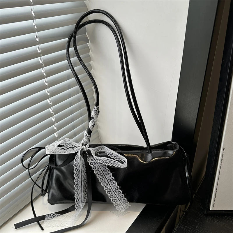 Korean Bow Ribbon Handbag Fashion Lace Square Shoulder Bag French Elegant Baguette Bag Leisure Large Capacity Tote Underarm Bag