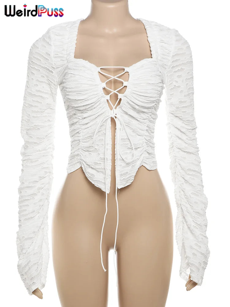 Weird Puss Ripped Chic Crop Tops Women Autumn Elegant Shirring Square Collar Elegant Ruched Full Sleeve Solid Streetwear Tees