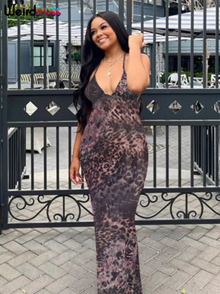 Weird Puss Chic Butterfly Women Maxi Dress Print Backless Spaghetti Straps V Neck Halter Bodycon Hot Girls Club Party Vestidos