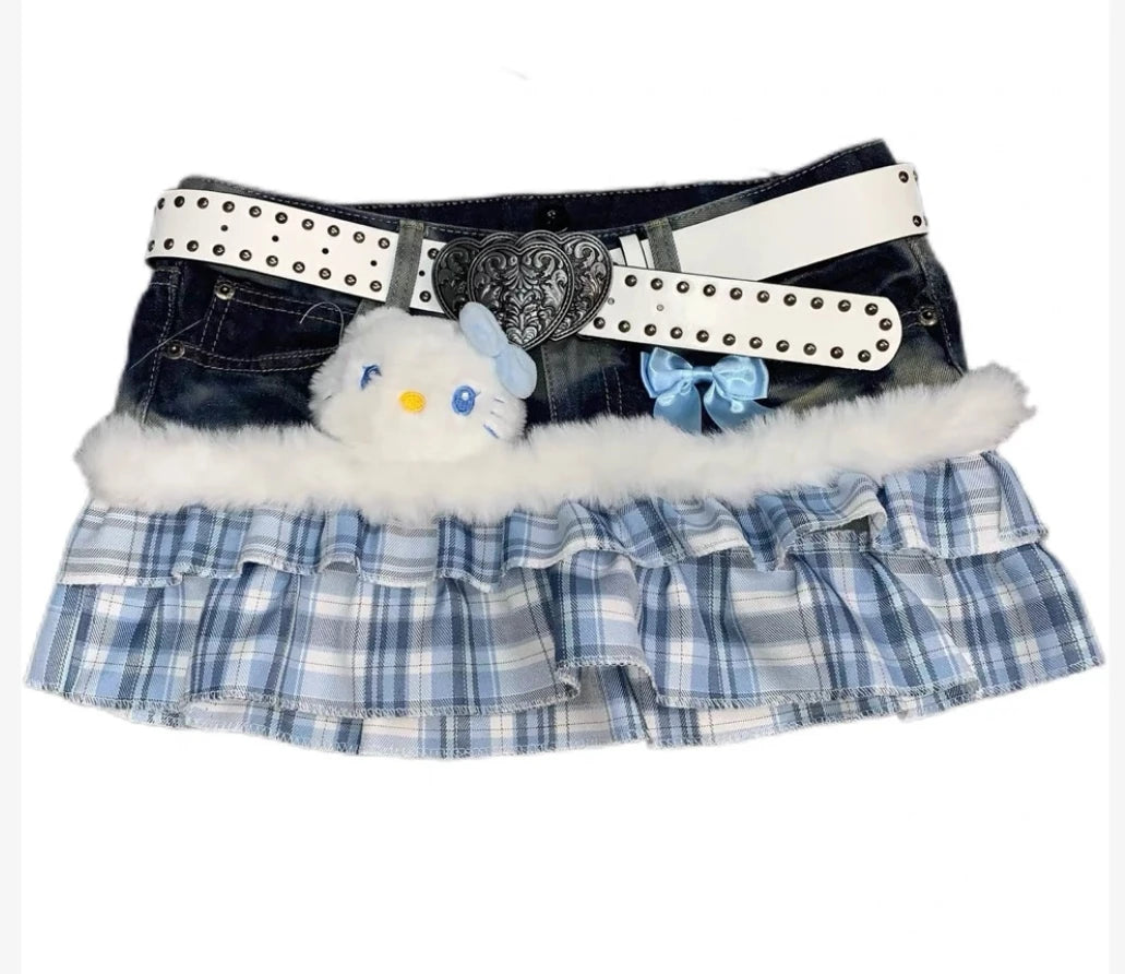 Harajuku Subculture jeans Leopard Print Splicing Y2k Skirt Kawaii Gothic Mini Pleated Skirt Casual Retro Streetwear Skirts Women