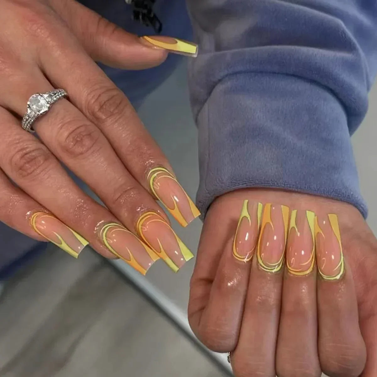 24Pcs Shimmery Long Coffin False Nails with Glue Ballerina Nail Design Sweet Fashion French Press on Acrylic Nails Tips