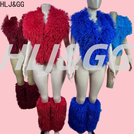 HLJ&GG Trend Y2K Two Piece Sets Women Fur Feather Halter Waistcoat Fashion Backless Lace Up Legs Cover Streetwear Clothing 2025