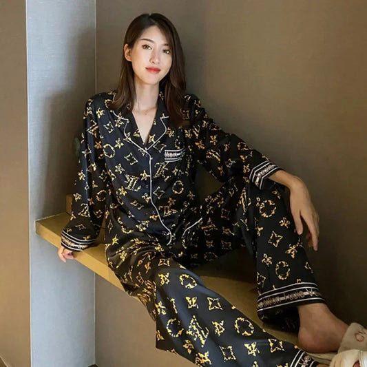Spring Autumn High Quality Home Suit Women Long Sleeve Silk Sleepwear 2 Piece Cardigan Long-Sleeved Ladies Sleepwear Loungewear