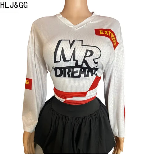 HLJ&GG Y2K Letter Print Mesh Two Piece Sets For Women V Neck Long Sleeve Top + Puffy Mini Skirts Outfits Fashion 2pcs Streetwear