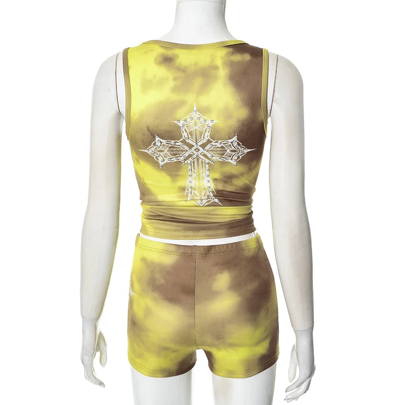 Weird Puss Rhinestones Letter 2 Piece Set Women Tracksuit Casual Ribbed Tank Tops+Bike Shorts Matching Skinny Street Outfits
