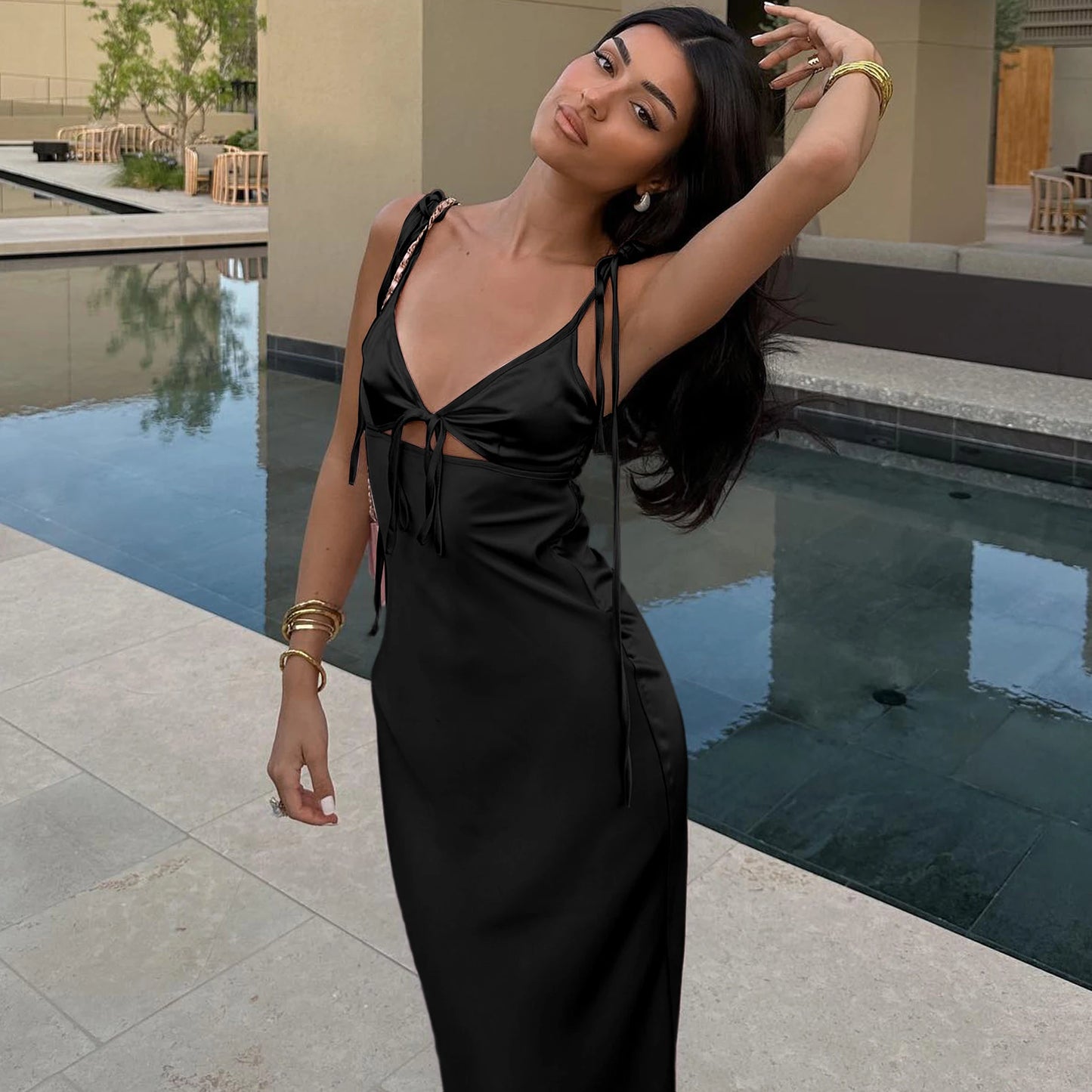 Dulzura Backless Lace Up Spaghetti Straps Cut Out Midi Dress Women Club Holiday Evening Party Dresses Y2K Clothes Drop Shipping