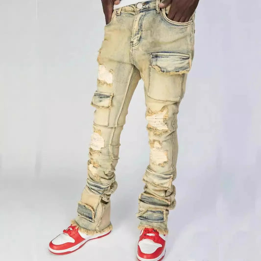 Men Jeans Long Pant Denim Flare Pants Hole Straight Trousers Slim Fit High Waist Casual Button Pocket Splice Autumn Winter