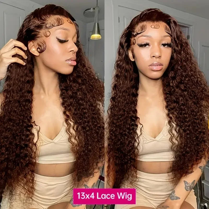 Chocolate Brown 13x4 Kinky Curly Lace Front Human Hair Wigs Pre Plucked Colored 13x6 Deep Wave Transparent Lace Frontal Wig
