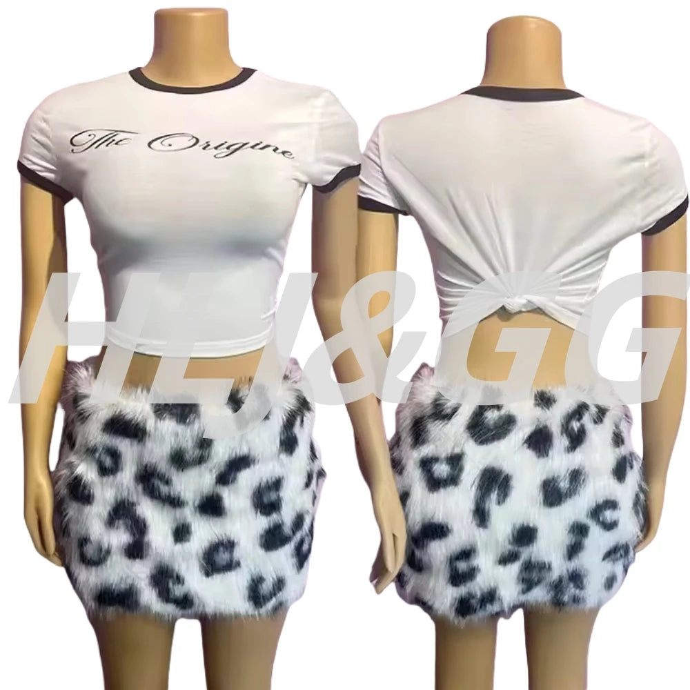 HLJ&GG Summer New Y2K Letter Print Two Piece Sets Women O Neck Short Sleeve Slim Crop Top And Fur Mini Skirts Outfits Streetwear