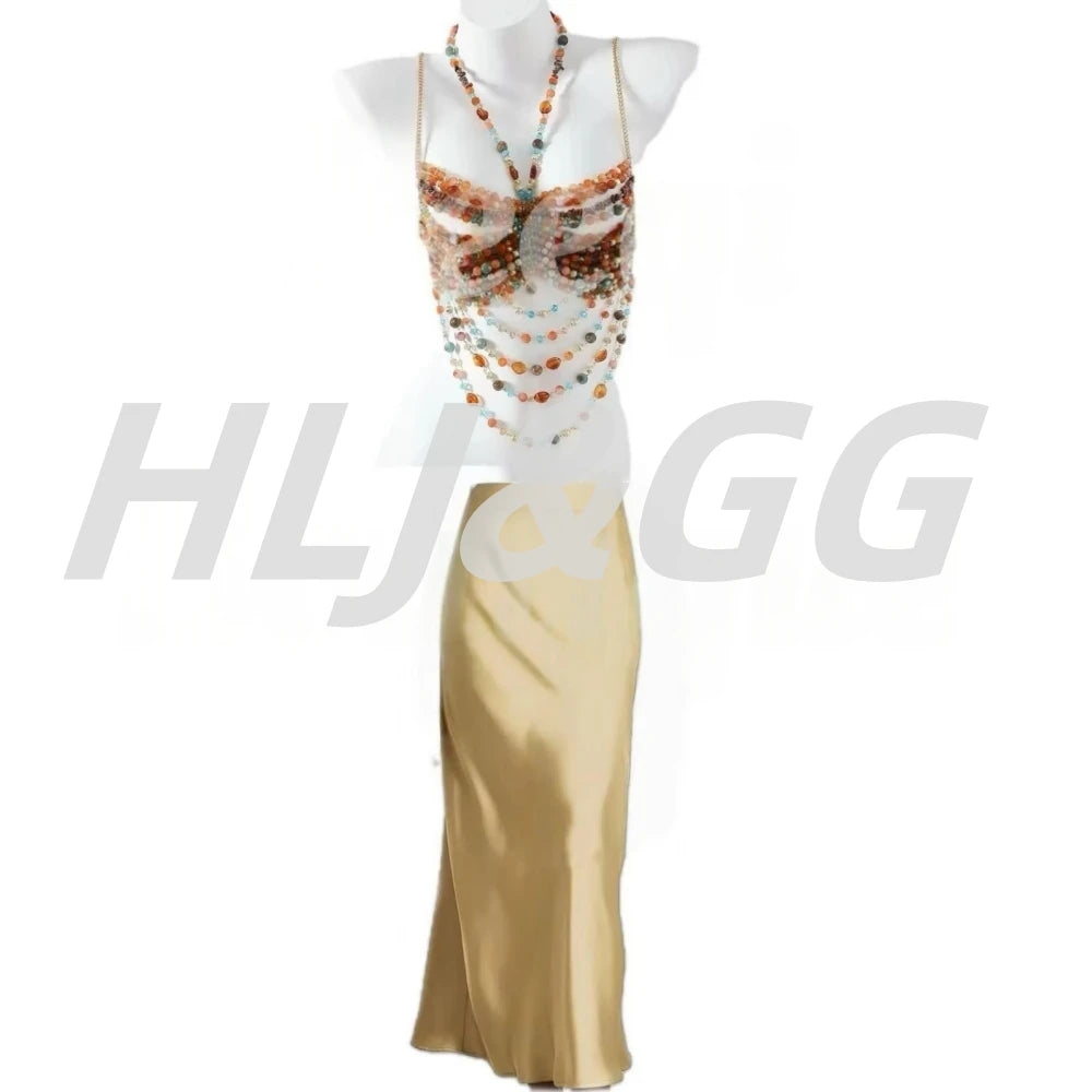 HLJ&GG Sexy Rhinestone Beads Halter Hollow Two Piece Sets Women Sleeveless Backless Top + Satin Skinny Skirts Outfits Streetwear
