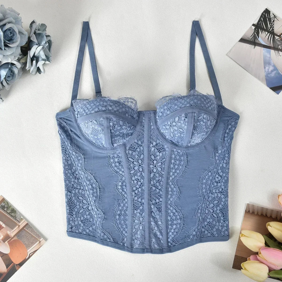 Sexy Lace Mesh Spaghetti Strap Open Back Boned Corset Women Summer Slim Lingerie Bodyshaper Bustier Camisole Halter Vest