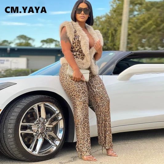 CM.YAYA Women's Set Sleeveless Fur Leopard Sequined V-neck Wool Vest and Pant Suits 2024 Street Two 2 Piece Set Outfit Tracksuit