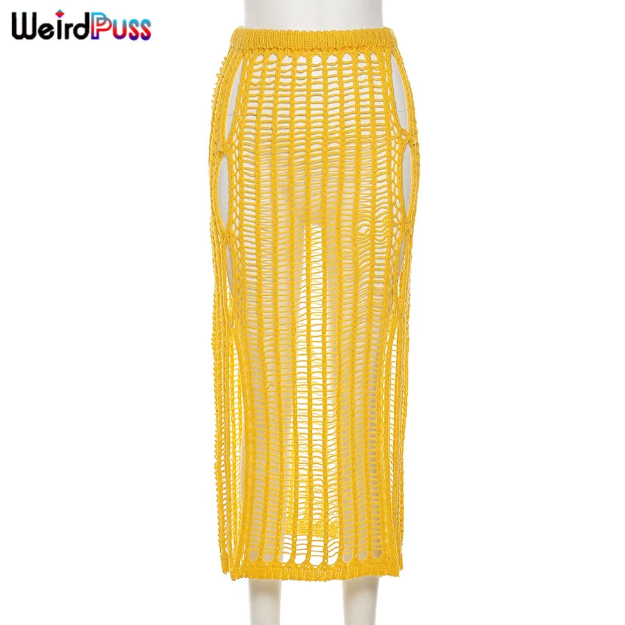 Weird Puss Summer Knit Sexy Long Skirt Women Crochet Elastic See-Through Hollow Out Grid Party Wild Streetwear Solid Bottoms