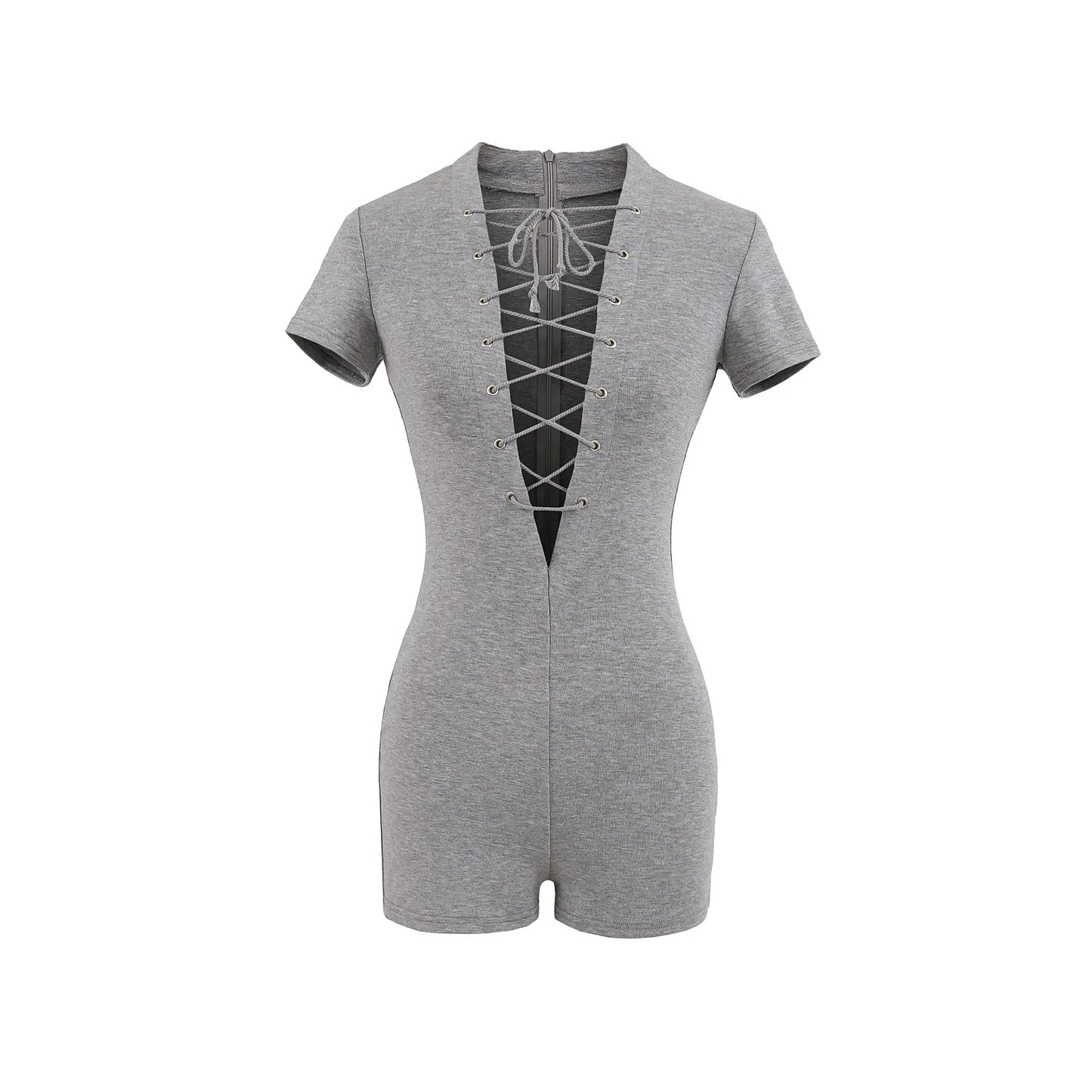 HLJ&GG Sexy Hollow Out Bandage Bodycon One Piece Rompers Women V Neck Short Sleeve Slim Jumpsuits Fashion Overalls Streetwear