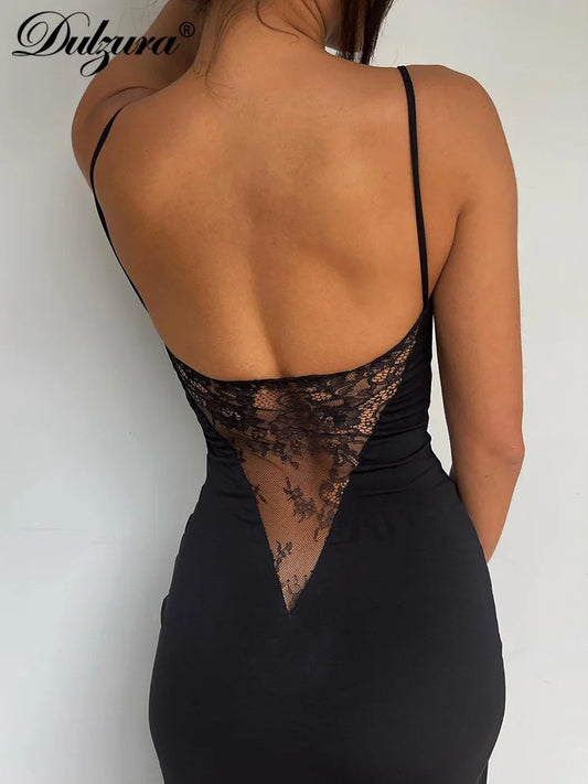 Dulzura Sleeveless Side Slit Lace Patchwork Backless Cami Maxi Dress Women’S Sexy Elegant Long Dress Party Clubwear Autumn