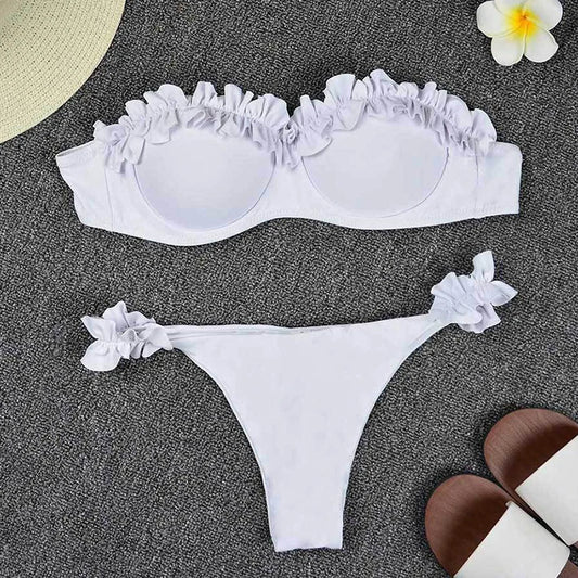 Solid Bikini Set Women Swimsuit Chic Ruffles Micro Bikini Split Bathing Suit Summer 2025 New Beach Spice Girl Swimwear