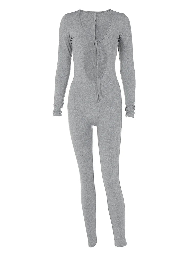 Dulzura Solid Pure Hole Hollow Out Straps Lace-Up Jumpsuit Long Sleeves 2023 Summer Autumn For Women Sexy Streetwear Wholesale
