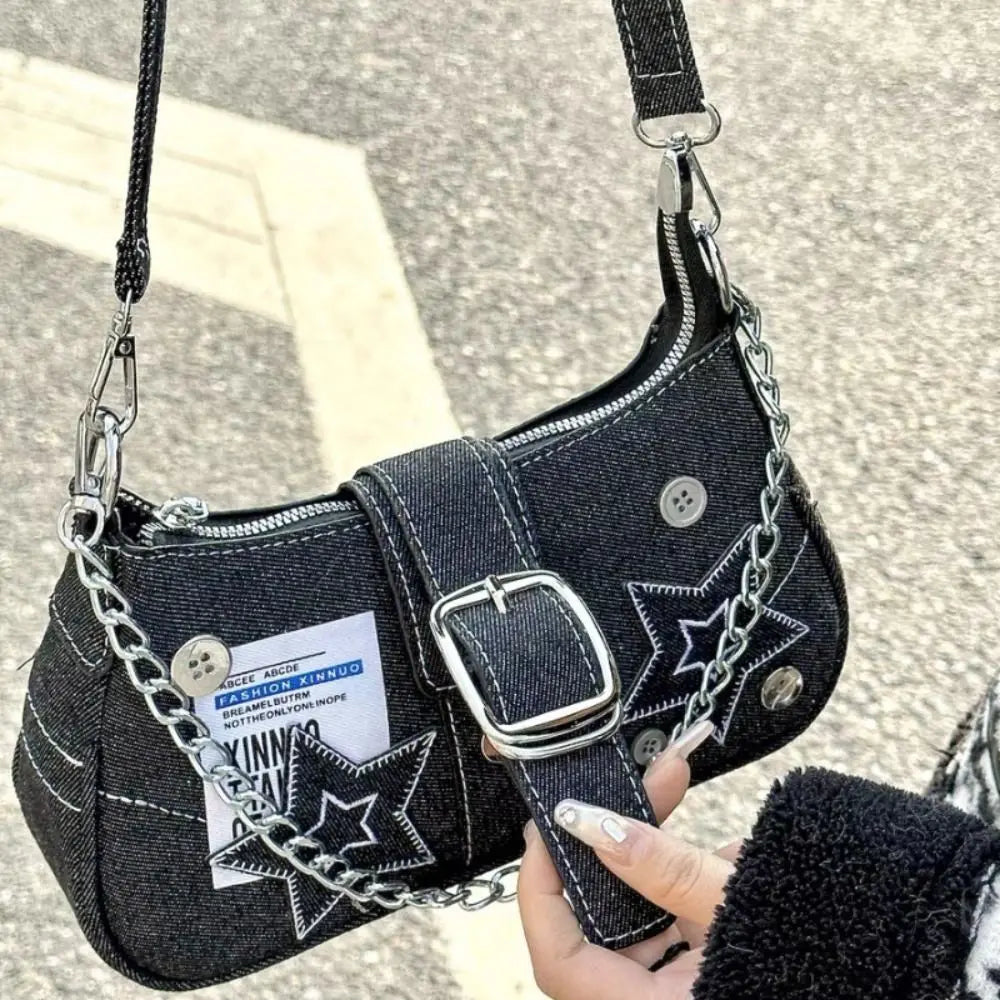 Y2K Canvas Chain Shoulder Bag jeans Stars Pattern Underarm Bag Women's Handbag for Woman Girls
