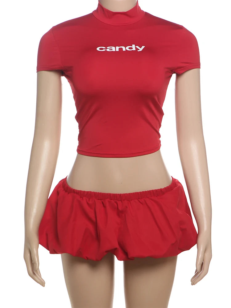 Weird Puss Casual 2 Piece Set Women Letter Print Shorts Sleeve Crop Tops+Puffy Skirt Simple Basic Matching Streetwear Outfits