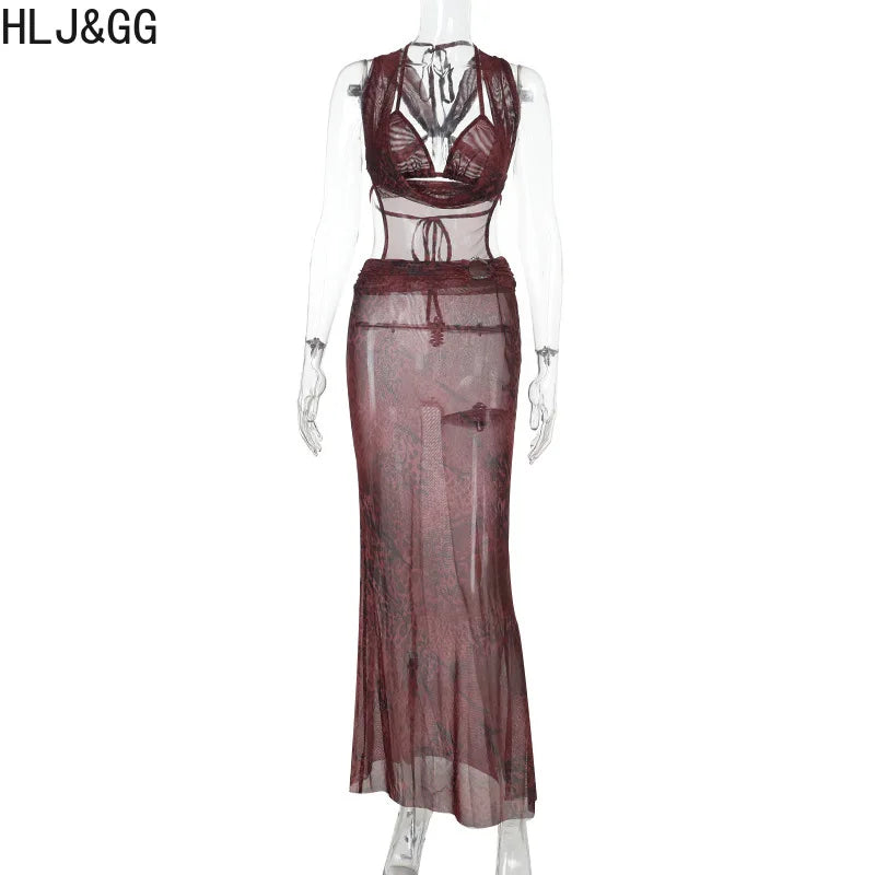 HLJ&GG Sexy Deep V Mesh See Though Bandage Long Dresses Women Tie Dye Print Sleeveless Backless Slim Vestidos Fashion Streetwear