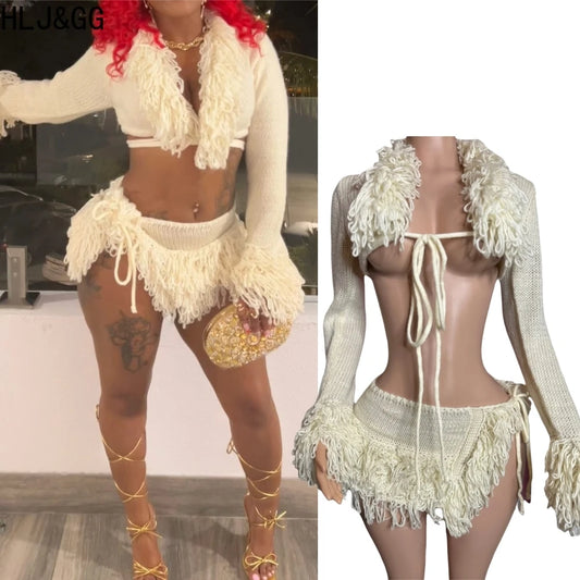 HLJ&GG Apricot Sexy Knitting Tassels Bandage Two Piece Sets Women Long Sleeve Hollow Crop Top And Side Slit Mini Skirts Outfits