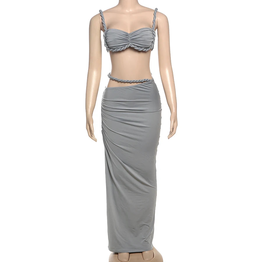 Weird Puss Square Collar 2 Piece Set Women Bra+Skinny Long Skirts Bandage Ruched 2025 Summer Vacation Beach Party Trend Suits