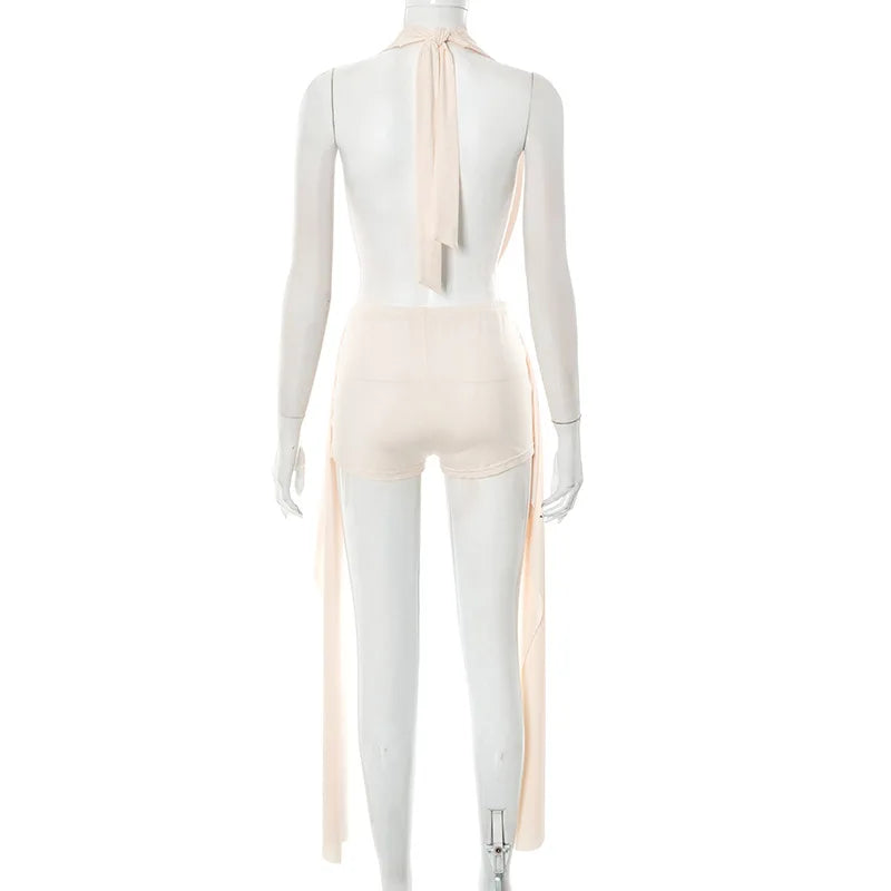 STYLISH LADY Nude Ribbon 2 Piece Set Women Halter Backless Crop Top and Shorts Suits 2025 Summer Sexy Club Hollow Out Outfits