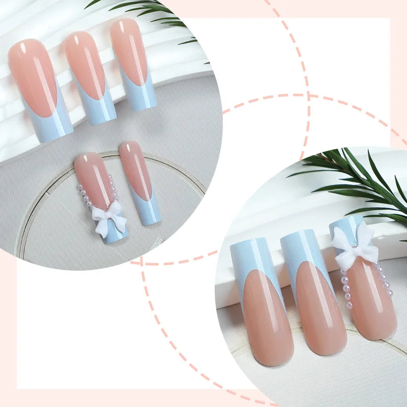 24pcs Blue French False Nails with White Bow Pearl Design Sweet Fake Nail Tips Wearable Detchable Long Ballet Press on Nails