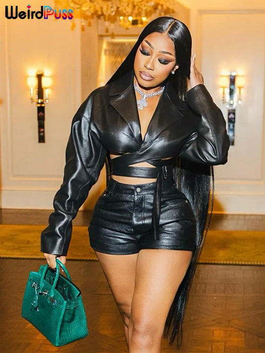 Weird Puss PU Hipster Leather 2 Piece Set Women Fall Trend v-Neck Cross Sash Sexy Crop Tops+Shorts Matching Streetwear Outfits