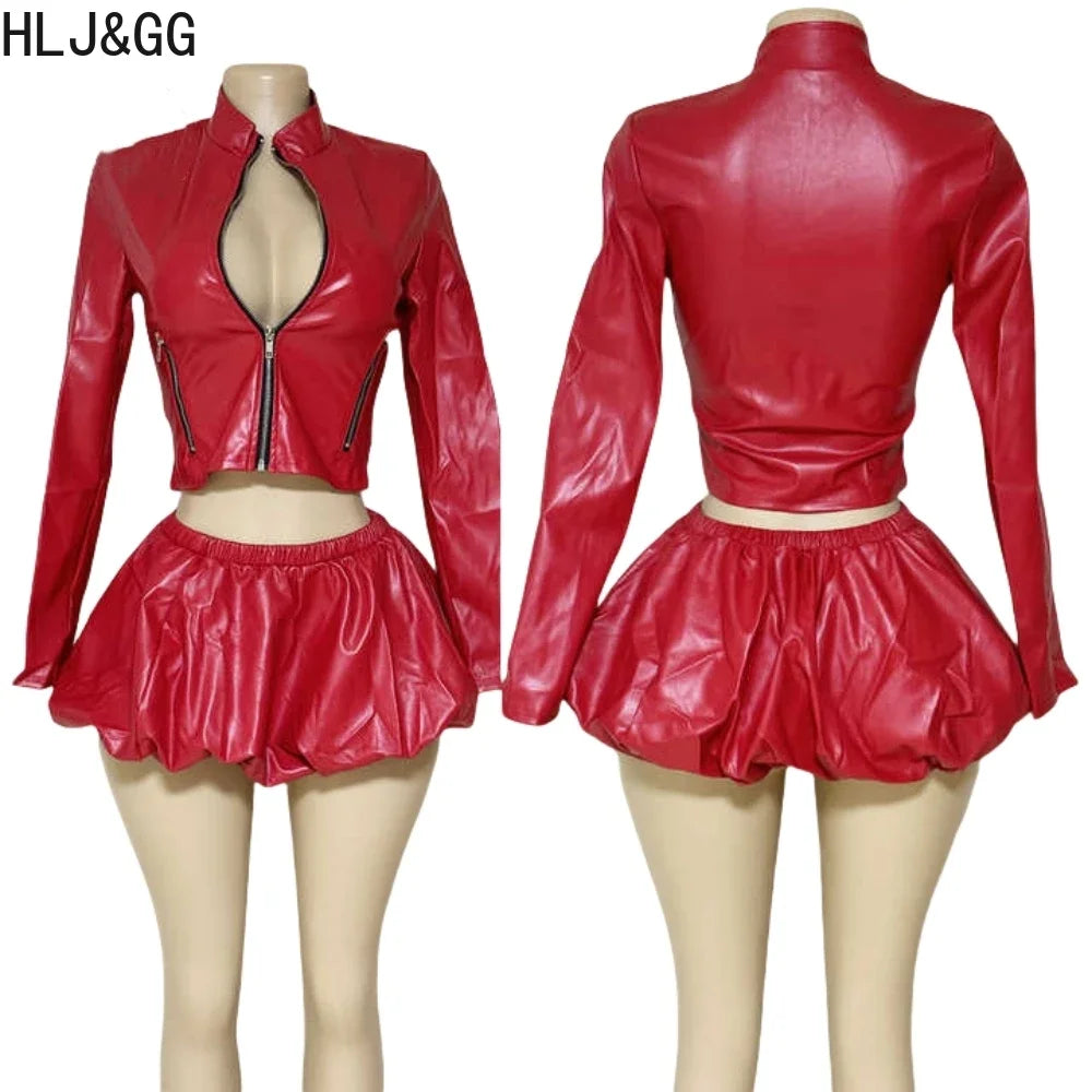 HLJ&GG Red Fashion Leather Puffy Mini Skirts Two Piece Sets Women Zip Long Sleeve Jacket And Skirts Outfit Y2K Female Streetwear