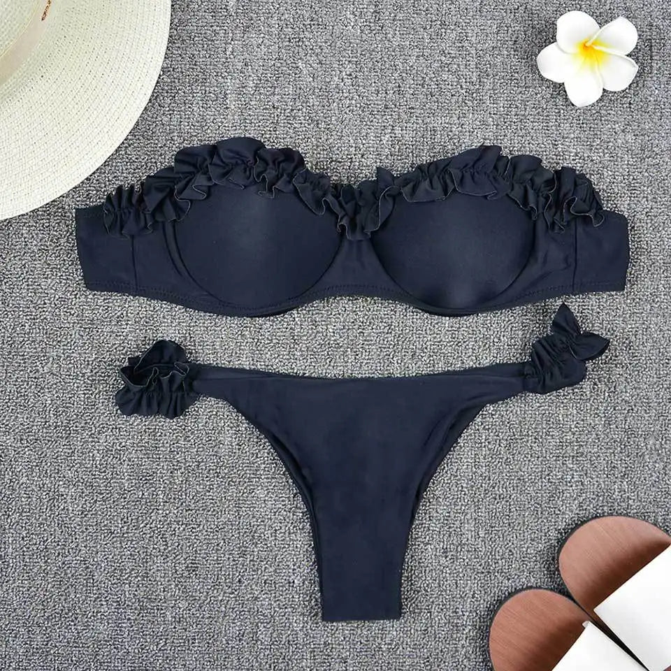 Solid Bikini Set Women Swimsuit Chic Ruffles Micro Bikini Split Bathing Suit Summer 2025 New Beach Spice Girl Swimwear