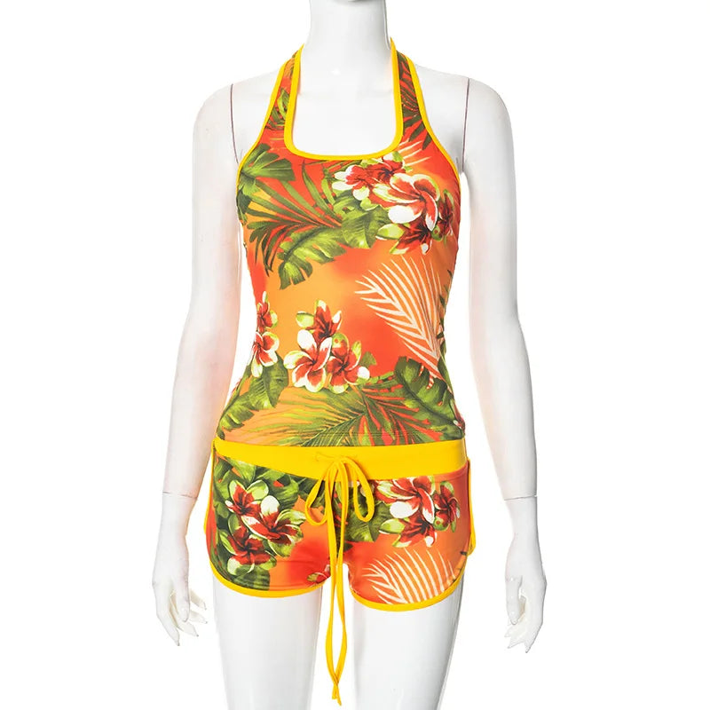 STYLISH LADY Comtrast Color Printed 2 Piece Set Women Halter Backless Crop Top and Drawstring Shorts Suits 2025 Street Outfits