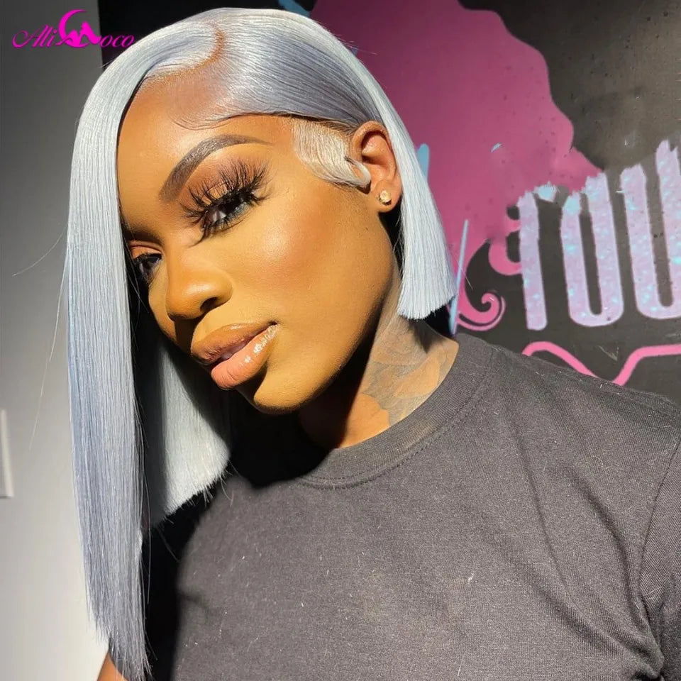#T Grey Blue Purple Pink Colored Wigs Short Bob Wig 13x4 Lace Frontal Human Hair Wigs For Women Bob Brazilian Frontal Wigs