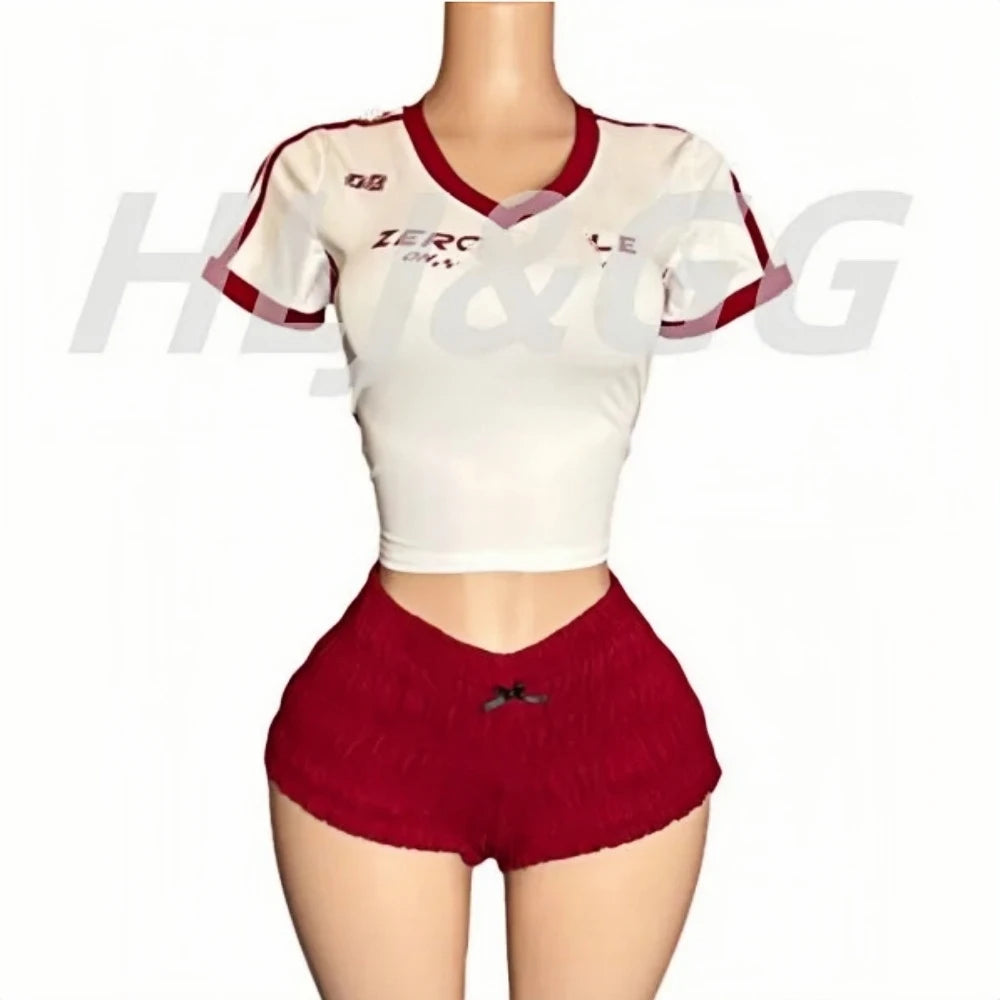 HLJ&GG Red American Vintage Letter Streetwear Women V Neck Short Sleeve Slim Crop Top And Ruched Shorts Two Piece Sets Outfits