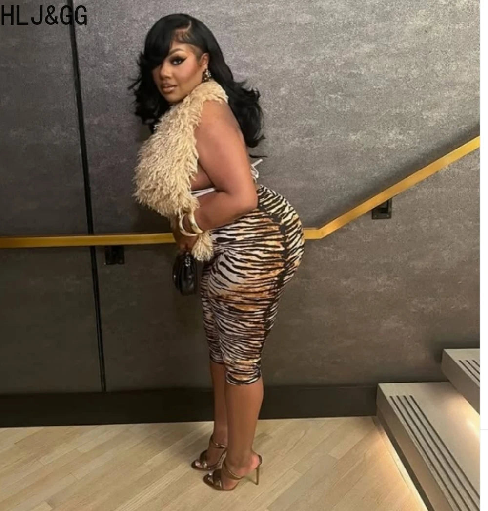 HLJ&GG Fashion Hot Girl Fur Feather Halter Top Two Piece Sets Women Sleeveless Backless Slim Waistcoat And Leopard Shorts Outfit