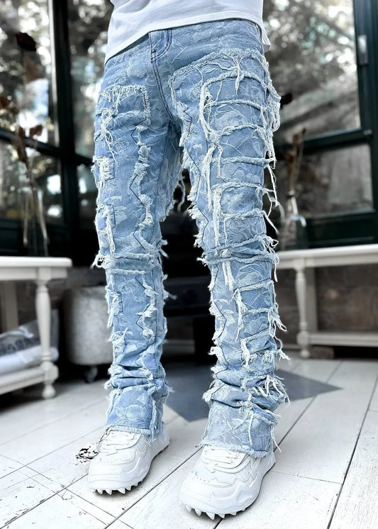 Denim Regular Fit Stacked Jeans Ripped Slim Fit Patch Distressed Destroyed Straight Denim Pants Hip Hop Streetwear Trouser Cloth