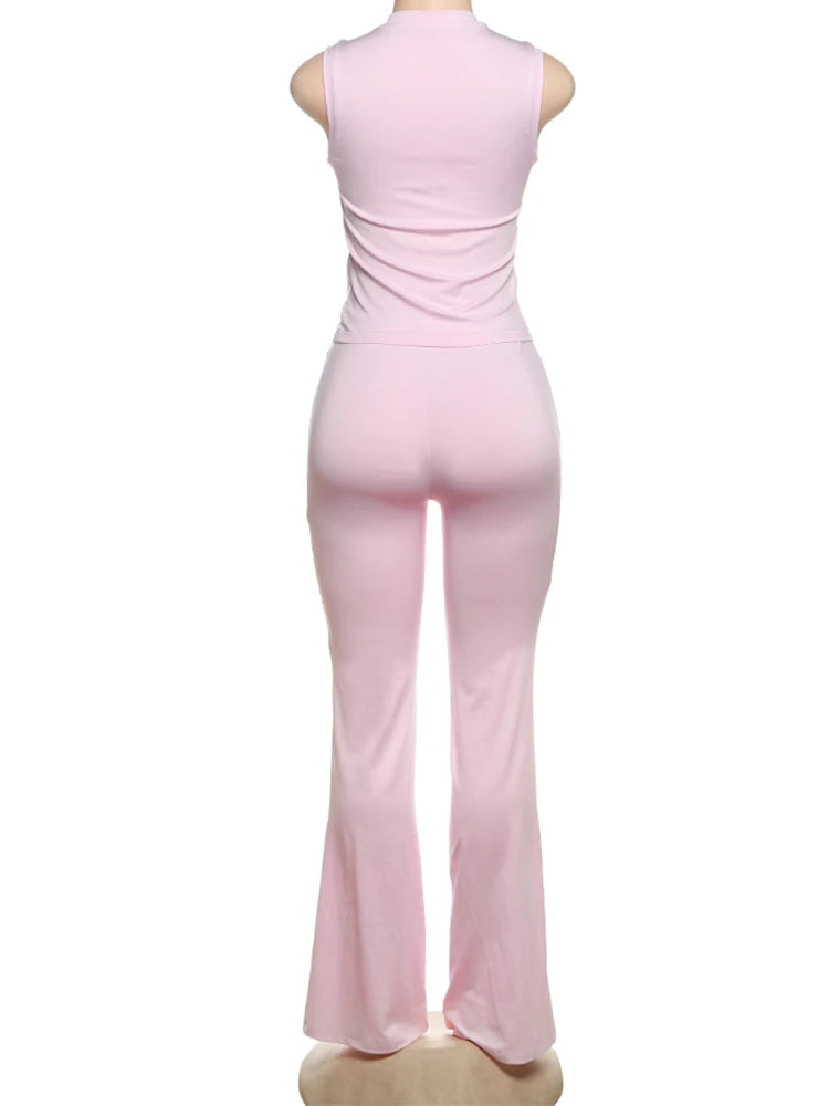 Weird Puss Heart Hollow 2 Piece Set Women o-Neck Sleeveless Tops+Skinny Stretch Pants Vacation Casual Simple Elegant Solid Suits